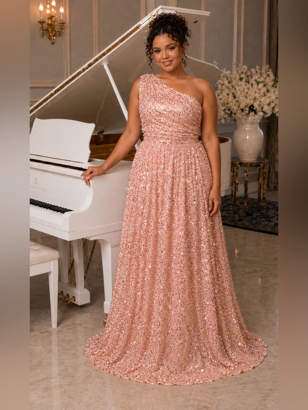#2 - 21 Pink with Gold sequined one-shoulder gown-XL /Size 14